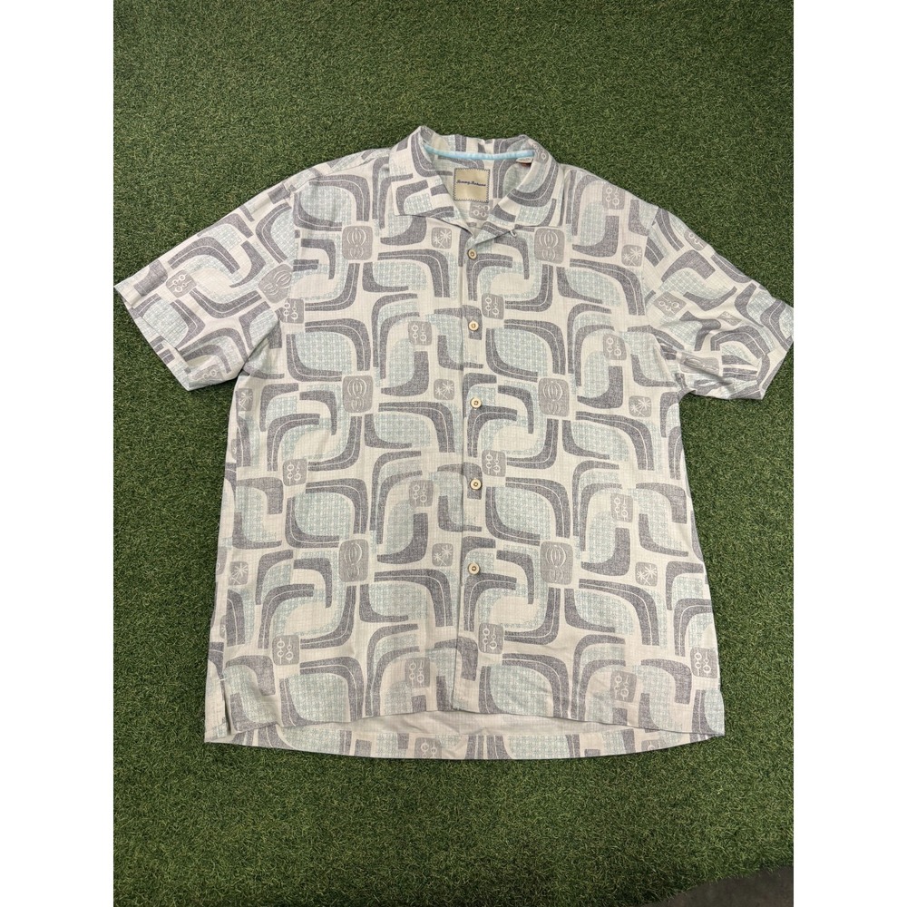 Tommy‎ Bahama Mens XL Button-Up Gray Silk Camp Loop Collar Tiki Short Sleeve